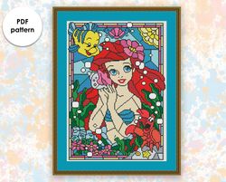 Stained glass cross stitch pattern "Ariel" SG005 - xstitch chart, cartoons and movies cross stitch characters