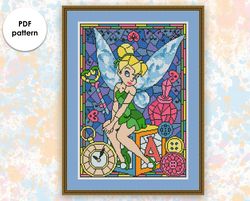 Stained glass cross stitch pattern "Tinkerbelle" SG008 - xstitch chart, cartoons and movies cross stitch characters