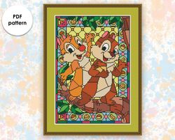 Stained glass cross stitch pattern "Chip & Dale" SG009- xstitch chart, cartoons and movies cross stitch characters