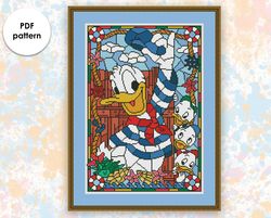 Stained glass cross stitch pattern "Donald Sailor" SG010 - xstitch chart, cartoons and movies cross stitch characters