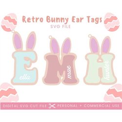 Retro Easter Bunny Ears  Letter Name Tag Keychain SVG | Smiley Daisy Tag SVG | Retro Keychain | Smile Key Ring | Flower