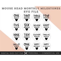 Mouse Head Baby Milestone Rounds SVG | Baby Monthly Milestone Rounds SVG PNG Glowforge | Baby Cricut Cut File | Digital