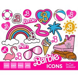 Barbi Icons Bundle Rainbow Inline Skate Flamingo Palm Ice Cream Sun | SVG PNG JPG Clipart Digital Download Sublimation C