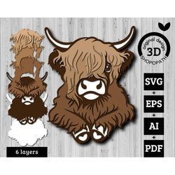 3D Layered Highland Cow SVG PDF EPS, Layered Cow Svg, Layered Papercut svg, Long Hair Cow Svg, Laser Cut Cow, Cricut Glo