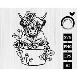 Sunflower Highland Baby Cow SVG PNG EPS, Cow With Flowers svg, Summer Cow svg, Western Long Hair Cow svg, Cute Floral He