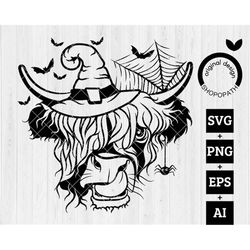 Halloween Highland Cow SVG PNG EPS, Ghost Cow Svg, Spooky Fall Svg, Halloween Heifer Svg, Witch Hat Svg, Boo Cow Svg Cri