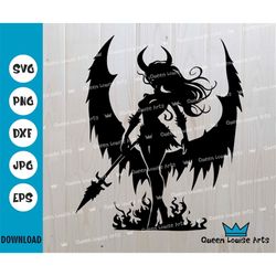 Demon Girl Witch with wings and horns SVG, Gothic Valkyrie Viking Warrior Woman Halloween Cricut cut-out file eps png Dx
