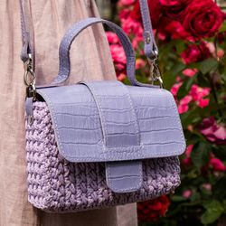 Mia's crossbody bag with leather cover, handmade crochet bag