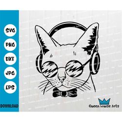 Cat with sunglasses and headphones svg, cat png sunglasses Clipart  Vector silhouette, cicut cut file svg png  eps dxf d
