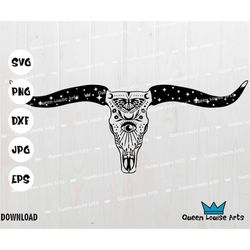 Texas Longhorn Cow Skull svg, Longhorn vintage Magic Boho Bull Skull svg, Hand Drawn Texas Cattle Skull svg, Western svg
