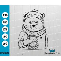 Cute bear drinking coffee Svg,coffee break svg, animal svg, bear in hat PNG T-shirt Graphics,Cut File Clipart Vector Dig