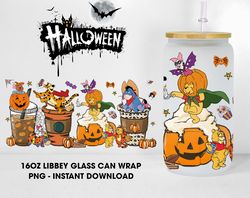 3D Inflated Halloween Cartoon 16 Oz Design Glass Can, Cartoon Friends Halloween 16 Oz Glass Wrap Png