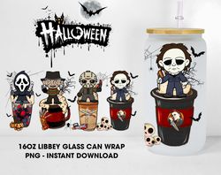 Halloween Coffee Horror 16oz Glass Wrap, Horror Killers 16oz Libbey Glass Wrap Png, Halloween Glass Wrap