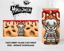 Inflated Halloween Glass Wrap Png, Clown Horror Movie 16oz Libbey Glass Can Wrap Png, Halloween Clown Glass Can Wrap