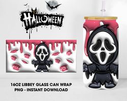 Inflated Halloween Horror Glass Can Design PNG, Horror Movie 16oz Libbey Glass Can Wraps, 3D Glass Can Wrap