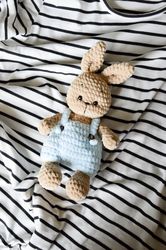 Plush little bunny in blue overalls, amigurumi bunny rabbit, personalized crochet bunny