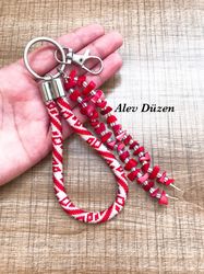 Tiny red beaded keyring, purse charm, keychain wristlet, beaded id holder, card holder, beaded card holder, beaded wrisl
