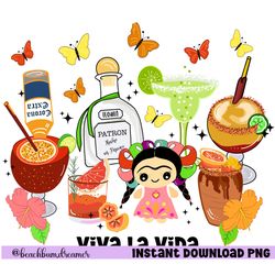 frida, mexican doll, margarita, paloma, tequila, butterflies, michelada png, 12x12 image, digital downloadable file