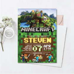 Personalized File Minecrafter Birthday Invitations Editable Minecraft Birthday Invitation Edita Invitation PNG File Only