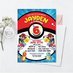 Personalized File Pokemone Birthday Invitation Digital, Instant Download Invitation PNG File Only