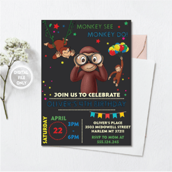 Personalized File Curious George Birthday Invitation | Curious George Party Invite PNG File Only