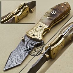 damascus folding knife custom handmade damascus steel pocket knife, gift for hunter, groomsmen gift, camping knife