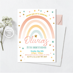 Personalized File Rainbow Birthday Invitation for Girls, Gold Stars Modern Invitation PNG File Only