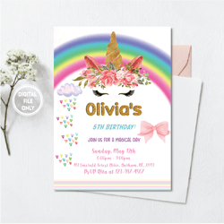 Personalized File Unicorn Rainbow Birthday Party Invitation Instant Download  Invitation PNG File Only