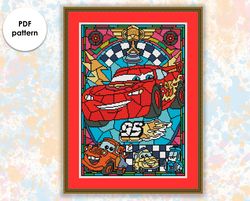 Stained glass cross stitch pattern "Cars" SG019 - xstitch chart, cartoons and movies cross stitch characters