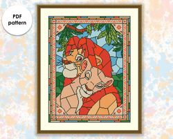 Stained glass cross stitch pattern "Lions" SG021 - xstitch chart, cartoons and movies cross stitch characters