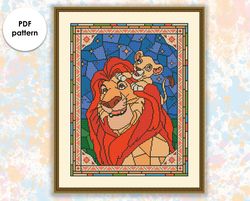 Stained glass cross stitch pattern "Lions" SG022 - xstitch chart, cartoons and movies cross stitch characters
