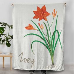 Orange Daylily Flower Blanket, Custom Name Plush Blanket, Fleece, Printed in USA, Personalized Bed Decor, Dorm Bed Decor