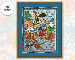 Stained glass cross stitch pattern "Pinoccio" SG045 - xstitch chart, cartoons and movies cross stitch character