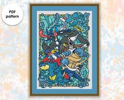 Stained glass cross stitch pattern "Pokemons Water" SG048- xstitch chart, cartoons and movies cross stitch character