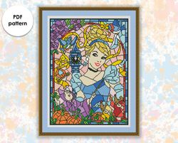 Stained glass cross stitch pattern "Cinderella" SG052- xstitch chart, cartoons and movies cross stitch character