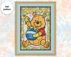 Stained glass cross stitch pattern "Winnie & Honey" SG055- xstitch chart, cartoons and movies cross stitch character