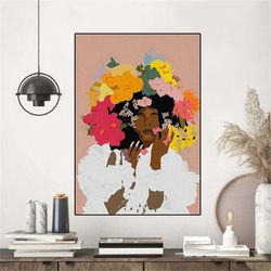 Beautiful Flower Black Woman Poster, Flower Girl Wall Art, Girl With Flower Wall Decor, Gift For Her, Woman Flower Art