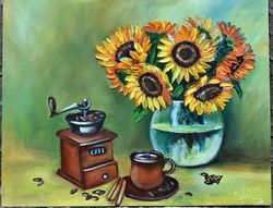 Sunflowers with coffee, palette knife painting. Author's picture