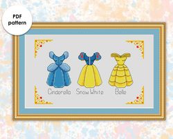 Princesses outfits cross stitch pattern  "Cinderella, Snow White, Belle" PD001 - xstitch chart princess dresses sampler