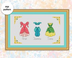 Princesses outfits cross stitch pattern  "Ariel, Jasmine, Tiana" PD002 - xstitch chart princess dresses sampler