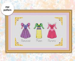 Princesses outfits cross stitch pattern  "Rapunzel, Mulan, Aurora"  PD003 - xstitch chart princess dresses sampler