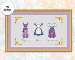 Princesses outfits cross stitch pattern  "Megara, Alice, Esmeralda" PD006 - xstitch chart princess dresses sampler