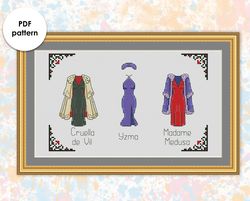 Villains Outfits cross stitch pattern  "Cruella, Yzma, Medusal" VD003 - xstitch chart Villains dresses sampler