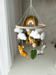 Safari Baby Mobile with Lion Giraffe Zebra and Rainbow, Jungle Baby Crib Mobile, Mobile Nursery for crib
