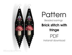 Amanita Beaded earrings PATTERN for brick stitch with fringe - Night sky, witch, mashroom - Instant download
