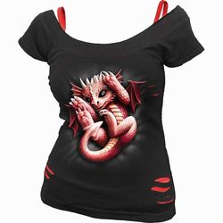 spiral direct whelp 2in1 red ripped top funny dragon baby red eyes tee top