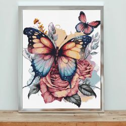 Watercolor Retro Blue Butterfly and Flowers Counted Cross Stitch PDF Pattern, Spring Flowers, Hand Embroidery