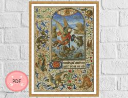 Cross Stitch Pattern,Saint Michael and the Dragon,Religious,Christian Icon,Full Coverage,Medieval Illuminated Manuscript