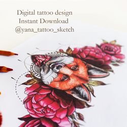Fox Tattoo Design for Woman Peony Flowers And Fox Tattoo Sketch for Females, Instant download JPG, PNG
