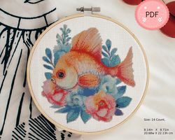 Fish Cross Stitch Pattern,Cute Fish With Flowers,Watercolor,Instant Download,Printable Cross Stitch Chart,Under Sea